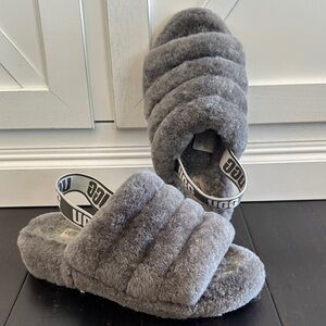 UGG Charcoal Fluffy Slide Slippers